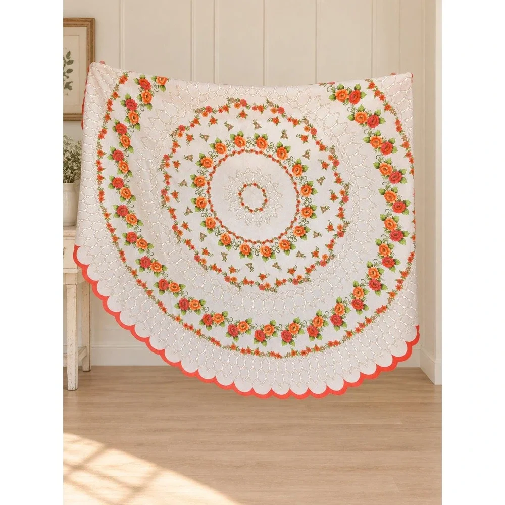 Vintage Mid Century Round Tablecloth Scalloped Edge Orange Red Roses, MCM Fall
